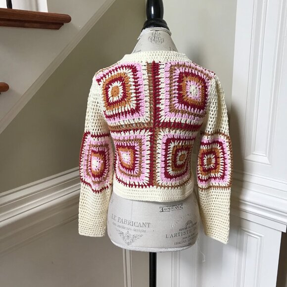 MinkPink Norah Crochet Sweater Womens XS Cream Pink Red Crew Neck Long Sleeve - Picture 10 of 11